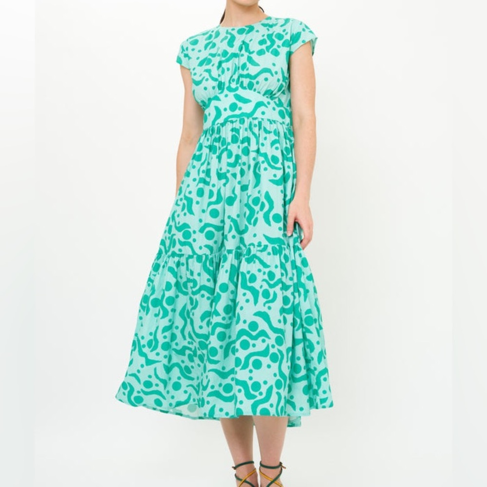 Oliphant CAP‎ SLEEVE MIDI- ACADIA AQUA Dress Large